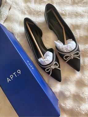 Apt. 9 Black Pointed Toe Flats with Crystal Bow Trim
